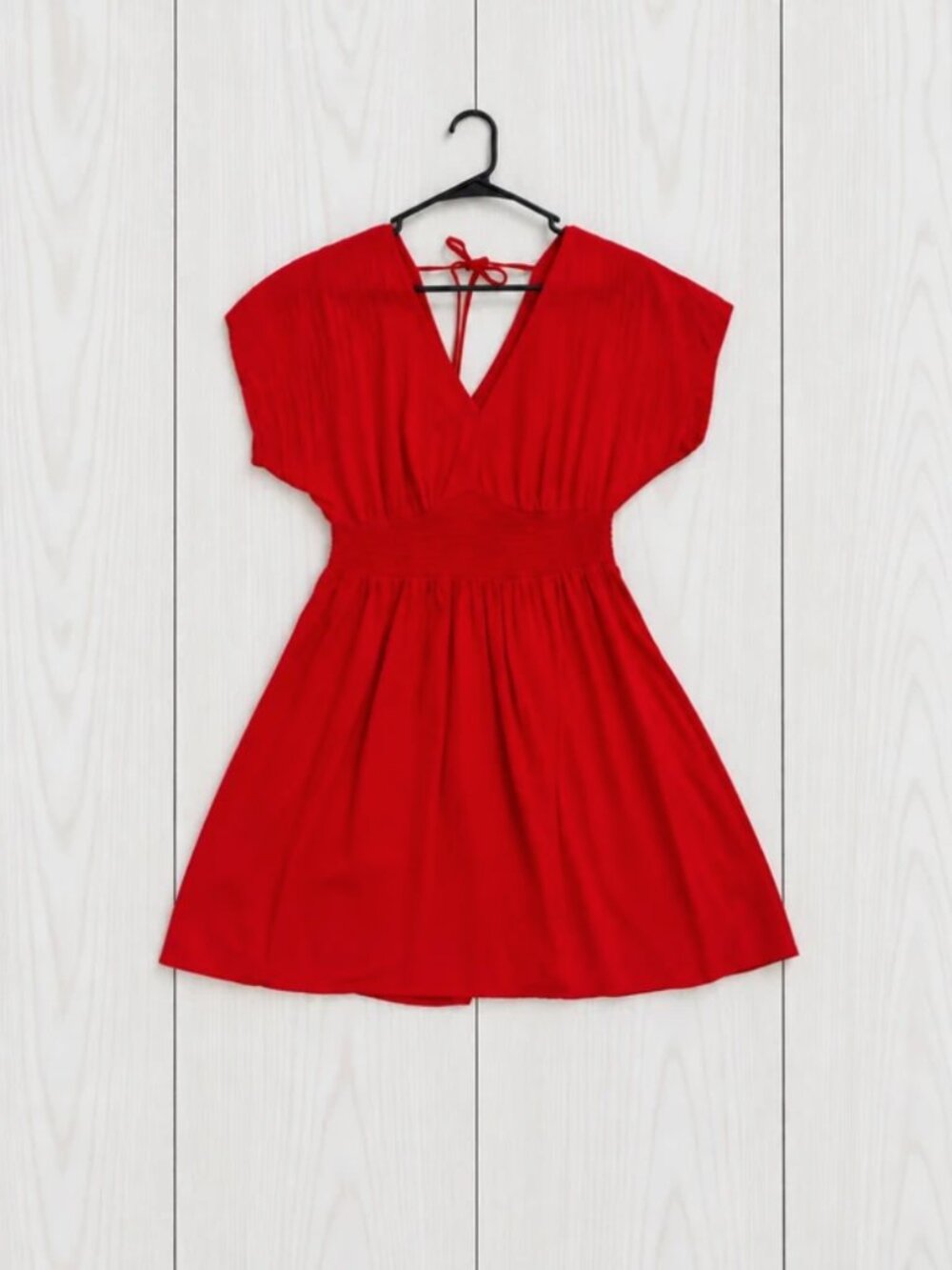 Bebop Women’s Red Mini Dress L V-Neck Short Sleeve Smocked Waist Tie Back